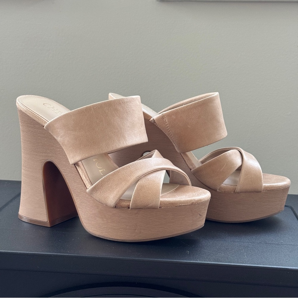 Chelsea and Violet Kapri Women's Leather Tan Platform Heels Sandals 7.5